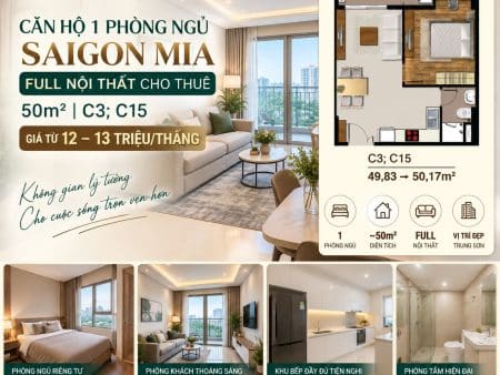 Saigon Mia 1PN Full Nội Thất Cho Thuê – 50m² – Giá 12–13 Triệu/Tháng