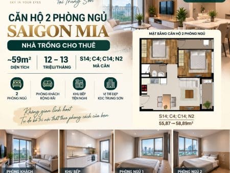 Căn 2PN Saigon Mia Không Nội Thất – Khoảng 59m² – Thuê Từ 12 Triệu/Tháng