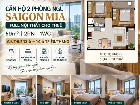 Saigon Mia 2PN 1WC Full Nội Thất – 59m² – Giá Thuê 13,5–14,5 Triệu/Tháng