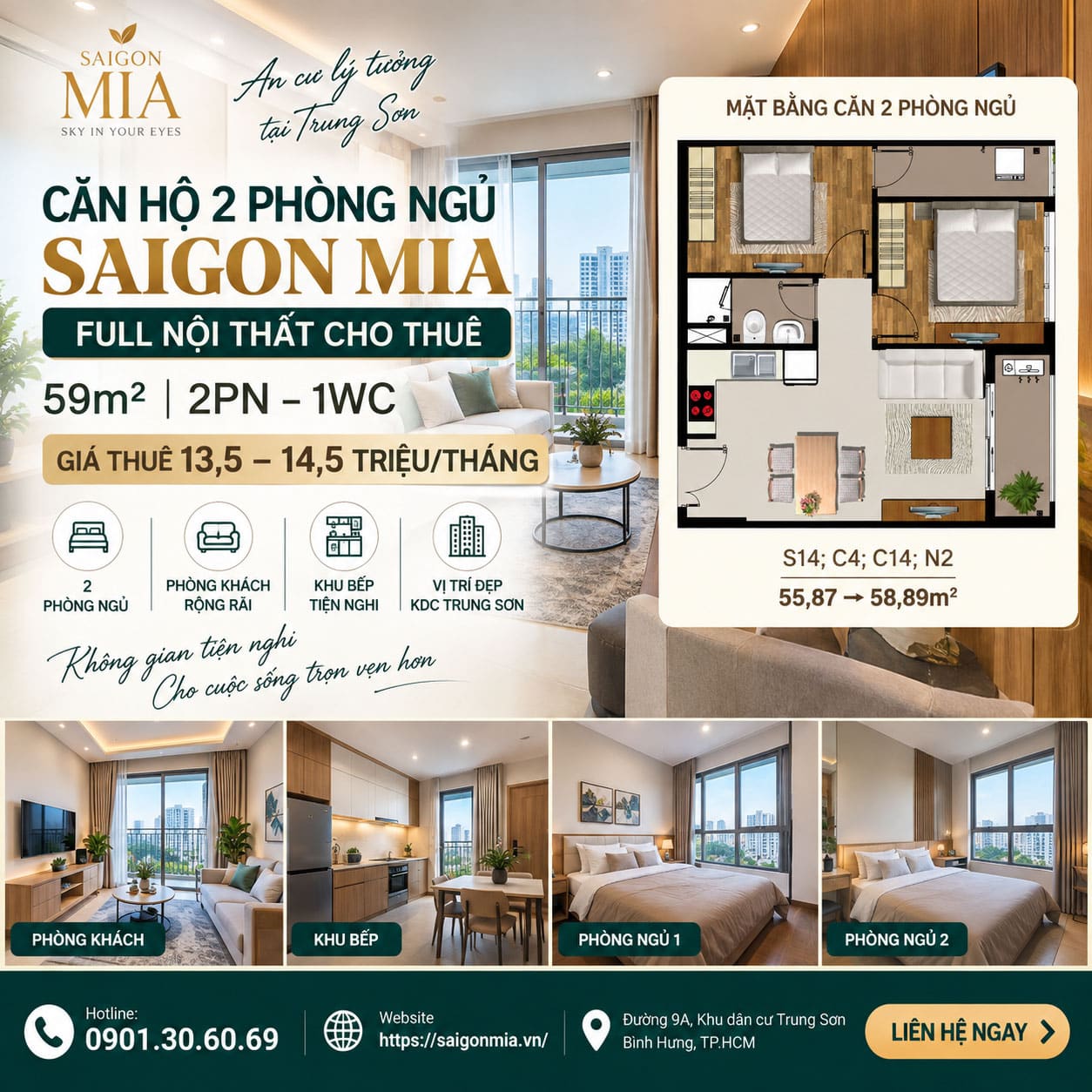 Saigon Mia 2PN 1WC Full Nội Thất – 59m² – Giá Thuê 13,5–14,5 Triệu/Tháng