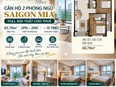 Căn 2PN 2WC Saigon Mia 66m² – Full Nội Thất – Giá Khoảng 15 Triệu/Tháng