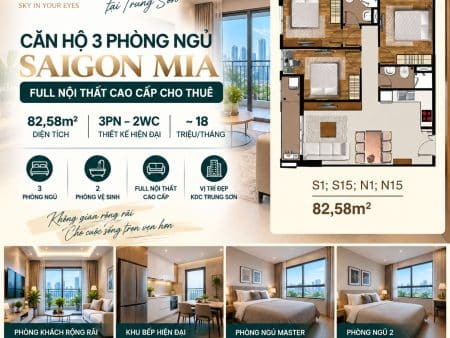Saigon Mia 3PN 83m² Full Nội Thất Cao Cấp – Giá Khoảng 18 Triệu/Tháng