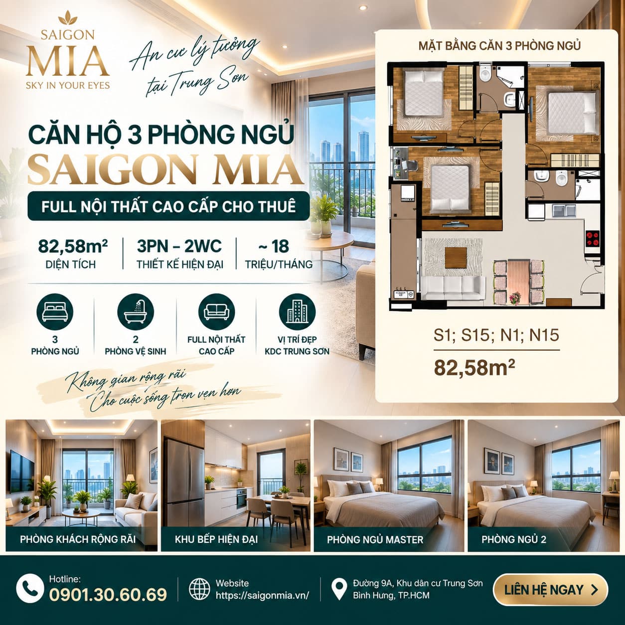 Saigon Mia 3PN 83m² Full Nội Thất Cao Cấp – Giá Khoảng 18 Triệu/Tháng