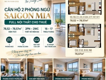 Căn 2PN 78m² Saigon Mia Full Nội Thất – Giá Thuê 16–17 Triệu/Tháng