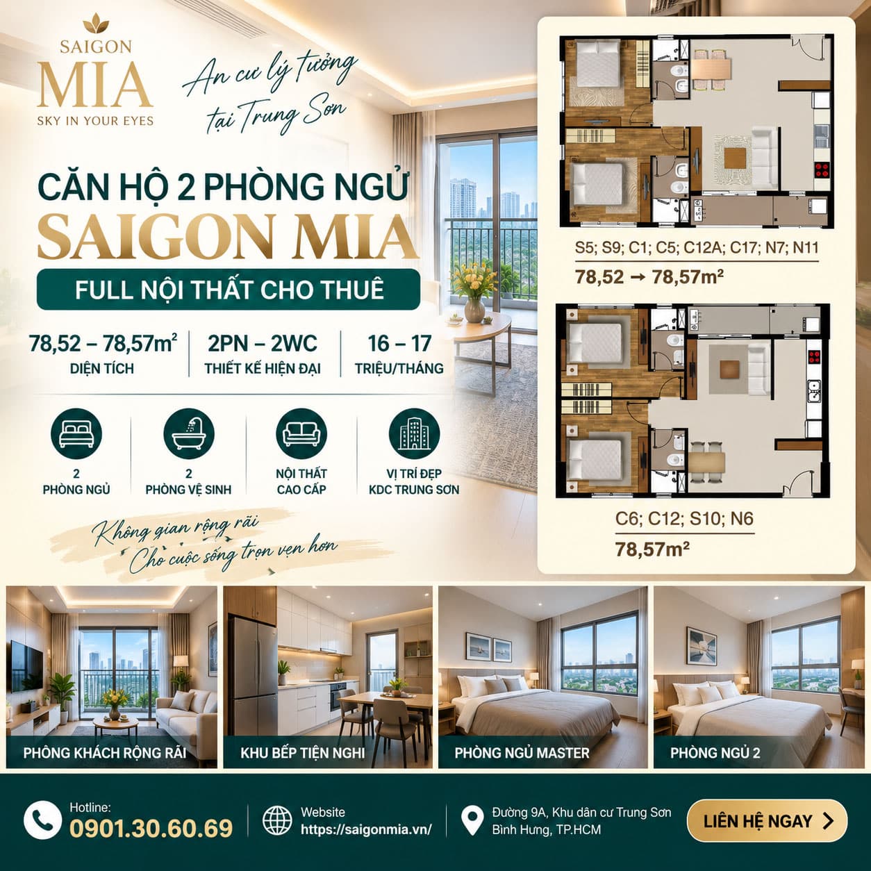 Căn 2PN 78m² Saigon Mia Full Nội Thất – Giá Thuê 16–17 Triệu/Tháng