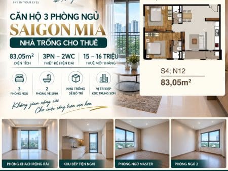 Saigon Mia 3PN 83m² Không Nội Thất – Giá Thuê 15–16 Triệu/Tháng