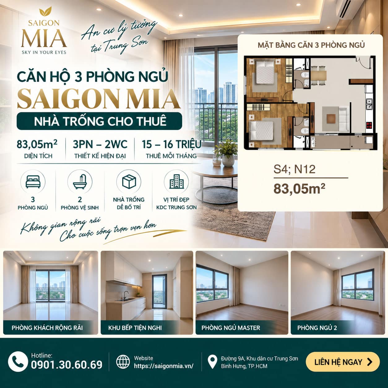 Saigon Mia 3PN 83m² Không Nội Thất – Giá Thuê 15–16 Triệu/Tháng