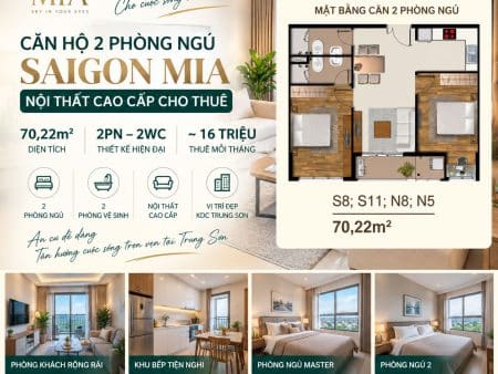 Saigon Mia 2PN 70m² 2WC Cho Thuê – Nội Thất Cao Cấp – Khoảng 16 Triệu/Tháng