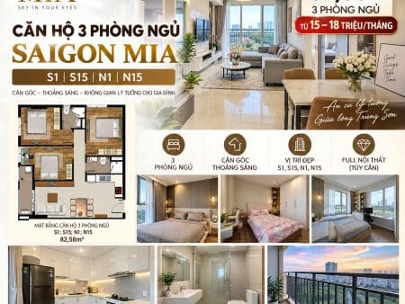 Căn Góc Saigon Mia 3PN 82,58m² Cho Thuê – S1, S15, N1, N15 – Giá Từ 15 Triệu/Tháng