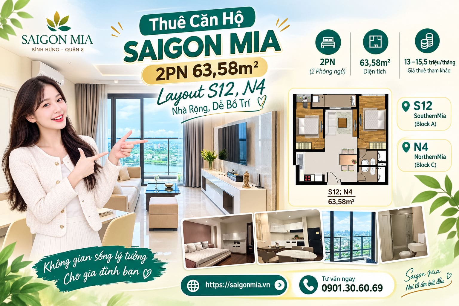 Saigon Mia 2PN 63,58m² Cho Thuê – Layout S12, N4 – Nhà Rộng, Dễ Bố Trí