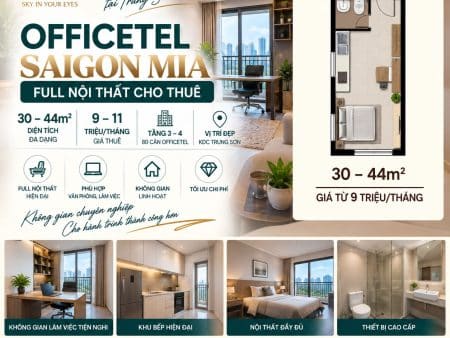Officetel Saigon Mia Full Nội Thất – 30–44m² – Giá Thuê 9–11 Triệu/Tháng