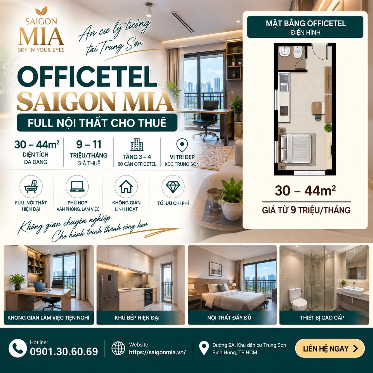 Officetel Saigon Mia Full Nội Thất – 30–44m² – Giá Thuê 9–11 Triệu/Tháng