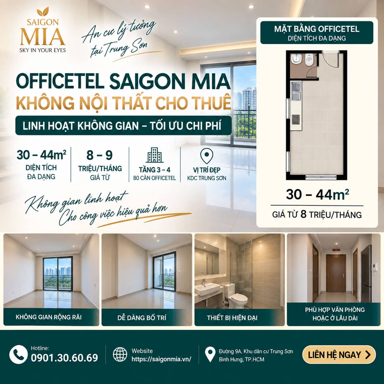 Officetel Saigon Mia Không Nội Thất Cho Thuê – 30–44m² – Giá Từ 8 Triệu/Tháng