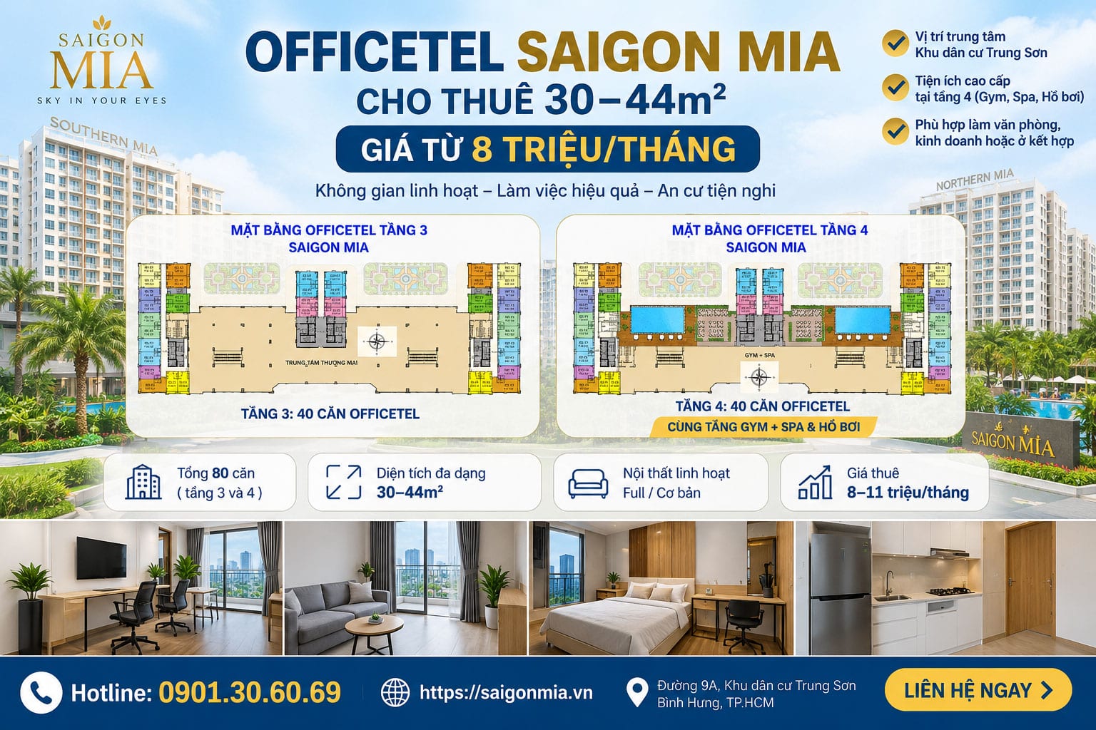 Officetel Saigon Mia Cho Thuê 30–44m² – Giá Từ 8 Triệu/Tháng