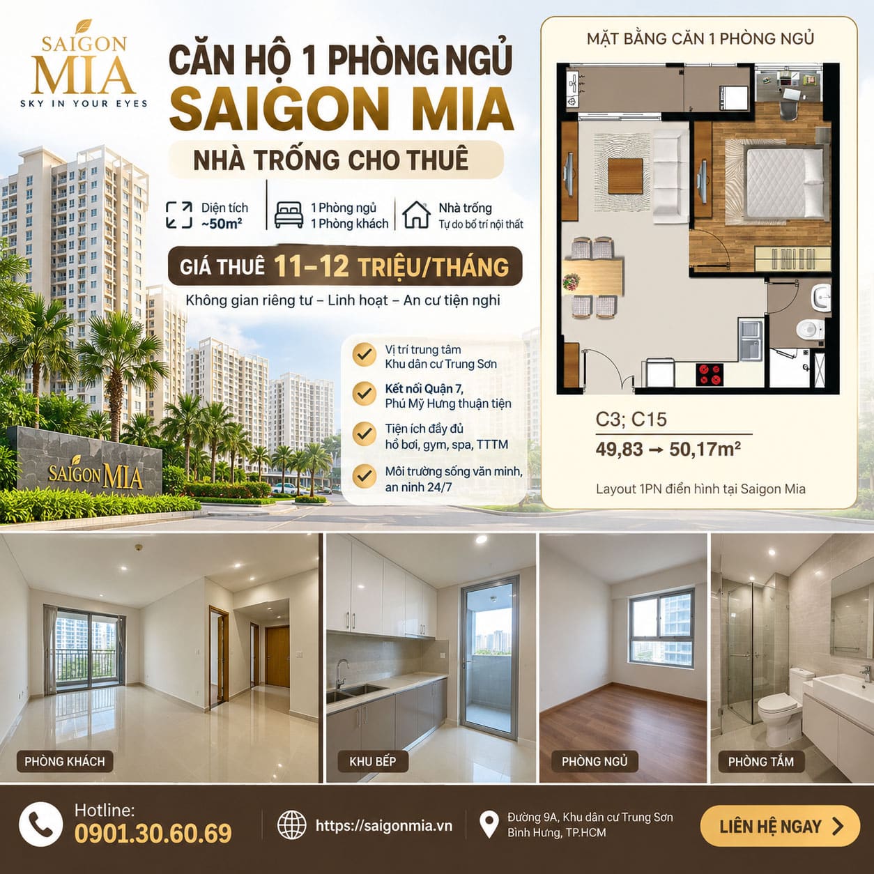 Căn 1PN Saigon Mia Nhà Trống Cho Thuê – 50m² – Giá 11–12 Triệu/Tháng