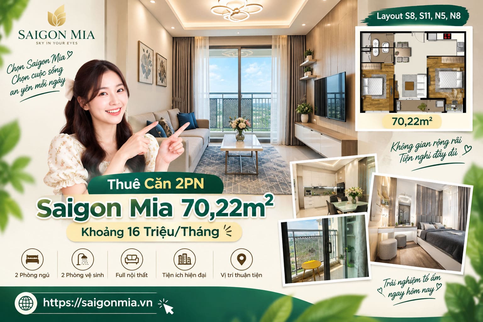 Thuê Căn 2PN Saigon Mia 70,22m² – Layout S8, S11, N5, N8