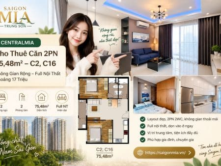 CentralMia Cho Thuê Căn 2PN 75,48m² – C2, C16 – Không Gian Rộng