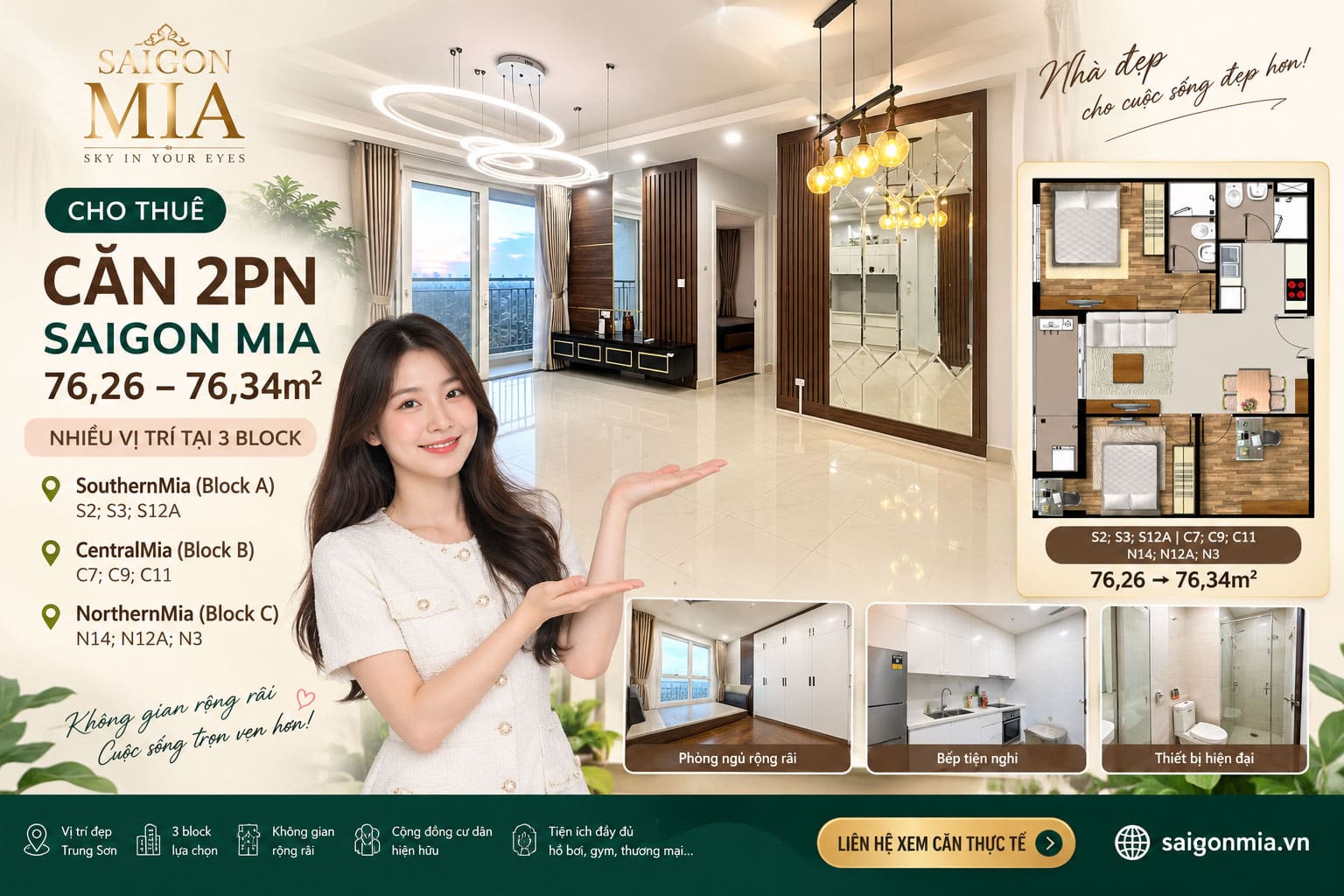 Căn 2PN Saigon Mia 76,26–76,34m² Cho Thuê – Nhiều Vị Trí Tại 3 Block