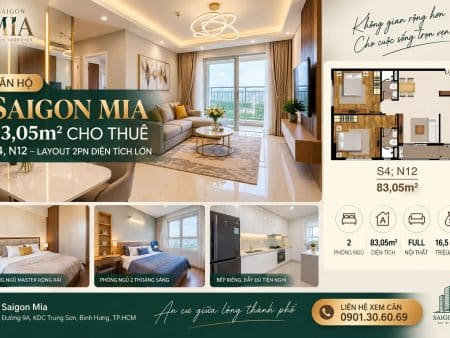 Căn Hộ Saigon Mia 83,05m² Cho Thuê – S4, N12 – Layout 2PN Diện Tích Lớn