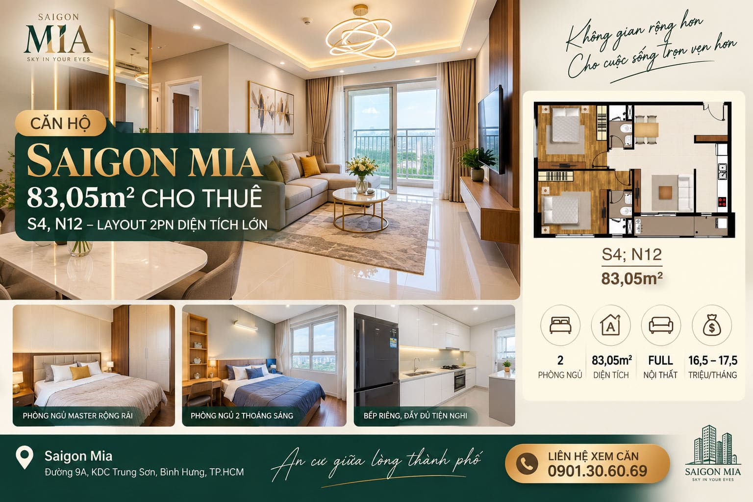 Căn Hộ Saigon Mia 83,05m² Cho Thuê – S4, N12 – Layout 2PN Diện Tích Lớn