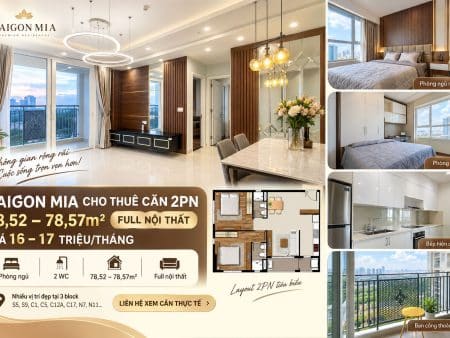Saigon Mia Cho Thuê Căn 2PN 78m² – Full Nội Thất – Giá 16–17 Triệu/Tháng
