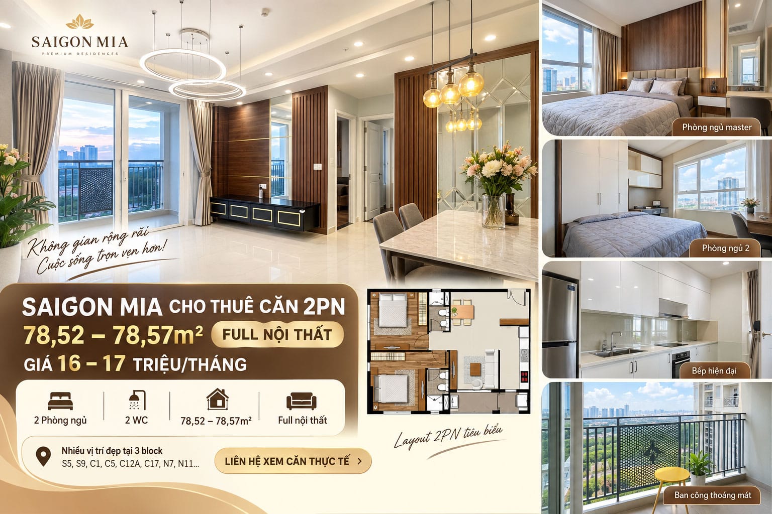 Saigon Mia Cho Thuê Căn 2PN 78m² – Full Nội Thất – Giá 16–17 Triệu/Tháng