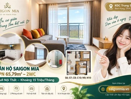 Căn 2PN 65,79m² Saigon Mia Cho Thuê – 2WC – Full Nội Thất Khoảng 15 Triệu/Tháng