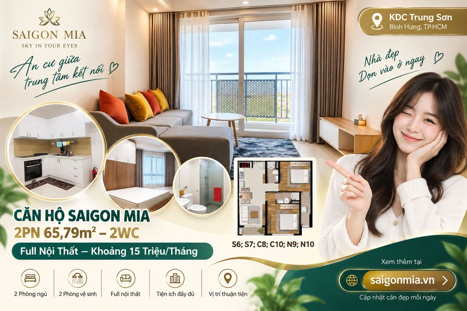 Căn 2PN 65,79m² Saigon Mia Cho Thuê – 2WC – Full Nội Thất Khoảng 15 Triệu/Tháng