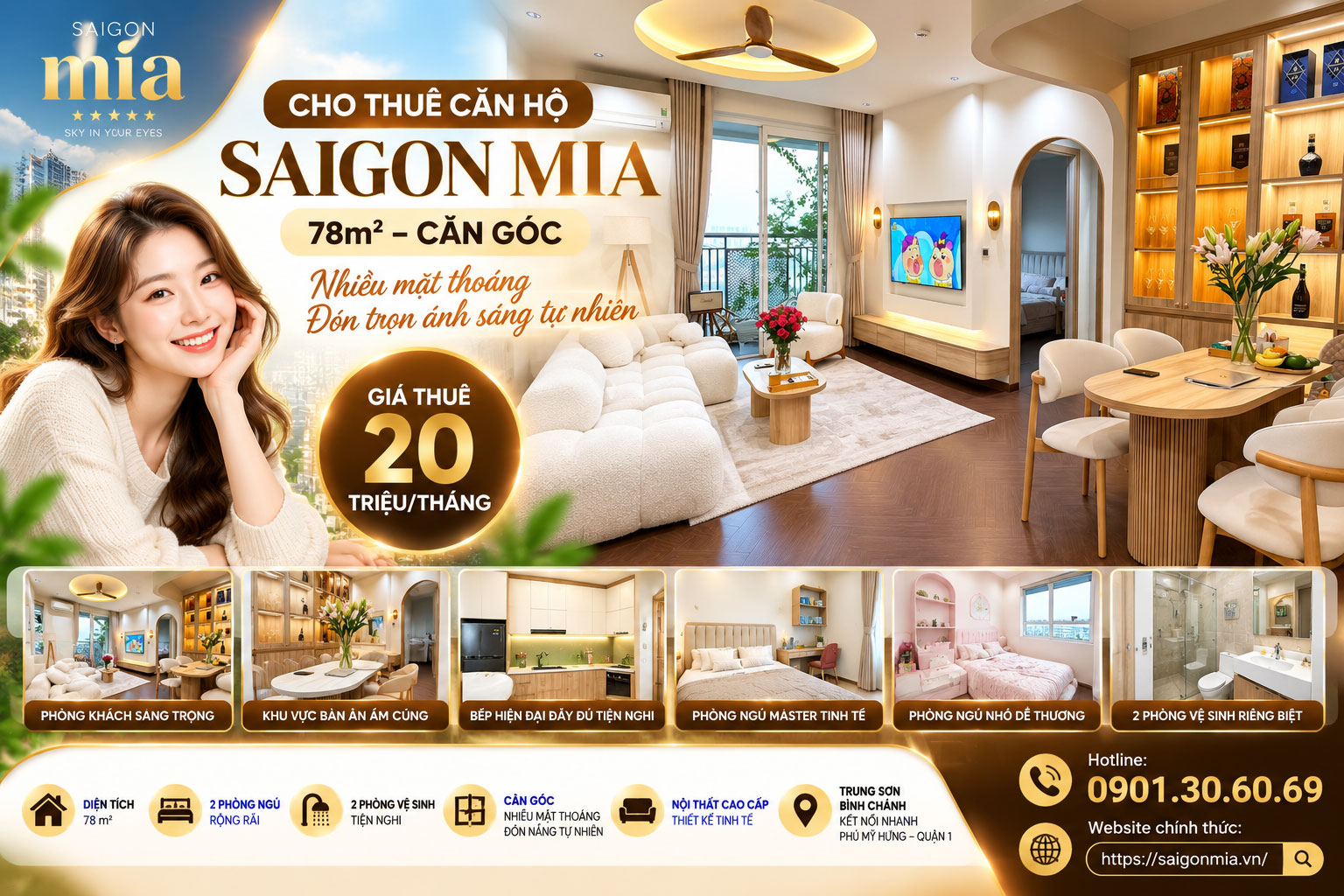 Cho Thuê Căn Hộ Saigon Mia 78m² – Căn Góc, Giá 20 Triệu/Tháng