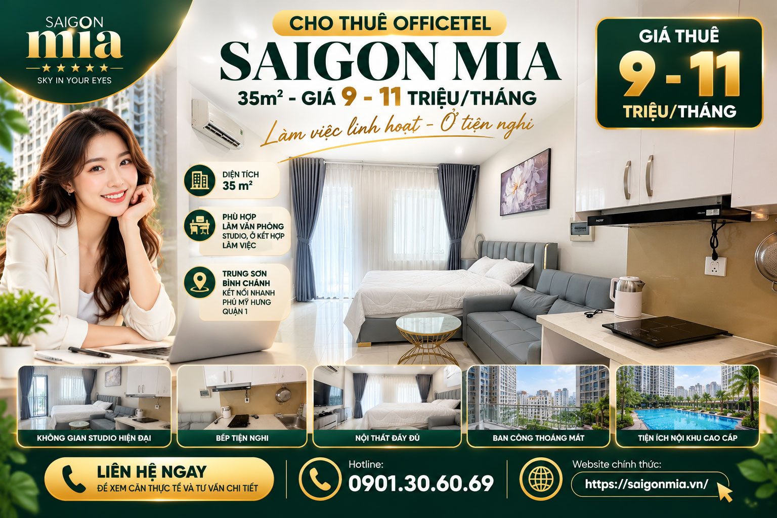 Cho Thuê Officetel Saigon Mia 35m² – Giá 9-11 Triệu/Tháng