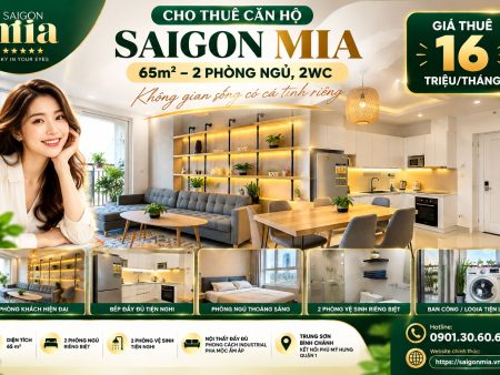 Cho Thuê Căn Hộ Saigon Mia 65m² – 2 Phòng Ngủ, 2WC, Giá 16 Triệu/Tháng