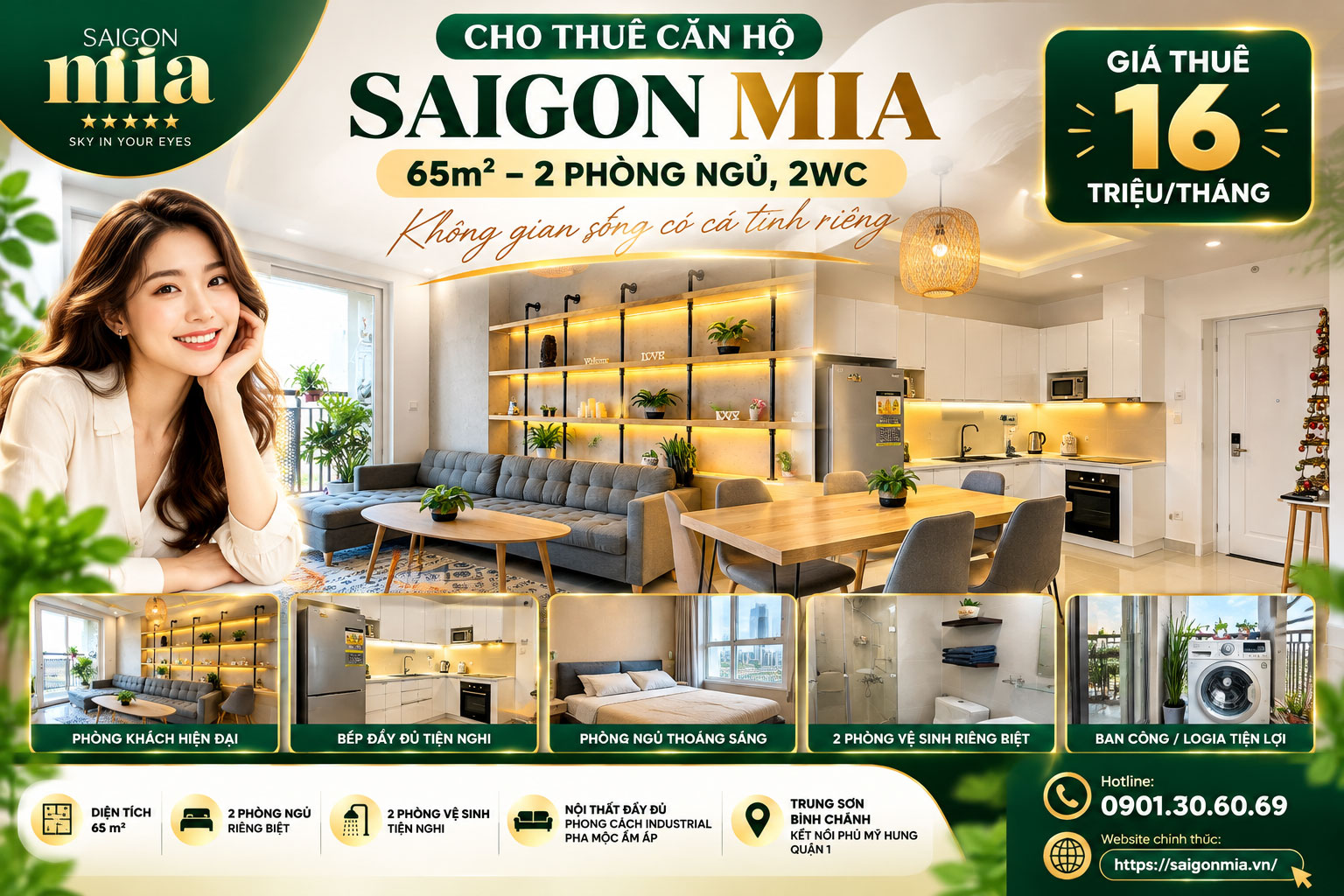 Cho Thuê Căn Hộ Saigon Mia 65m² – 2 Phòng Ngủ, 2WC, Giá 16 Triệu/Tháng
