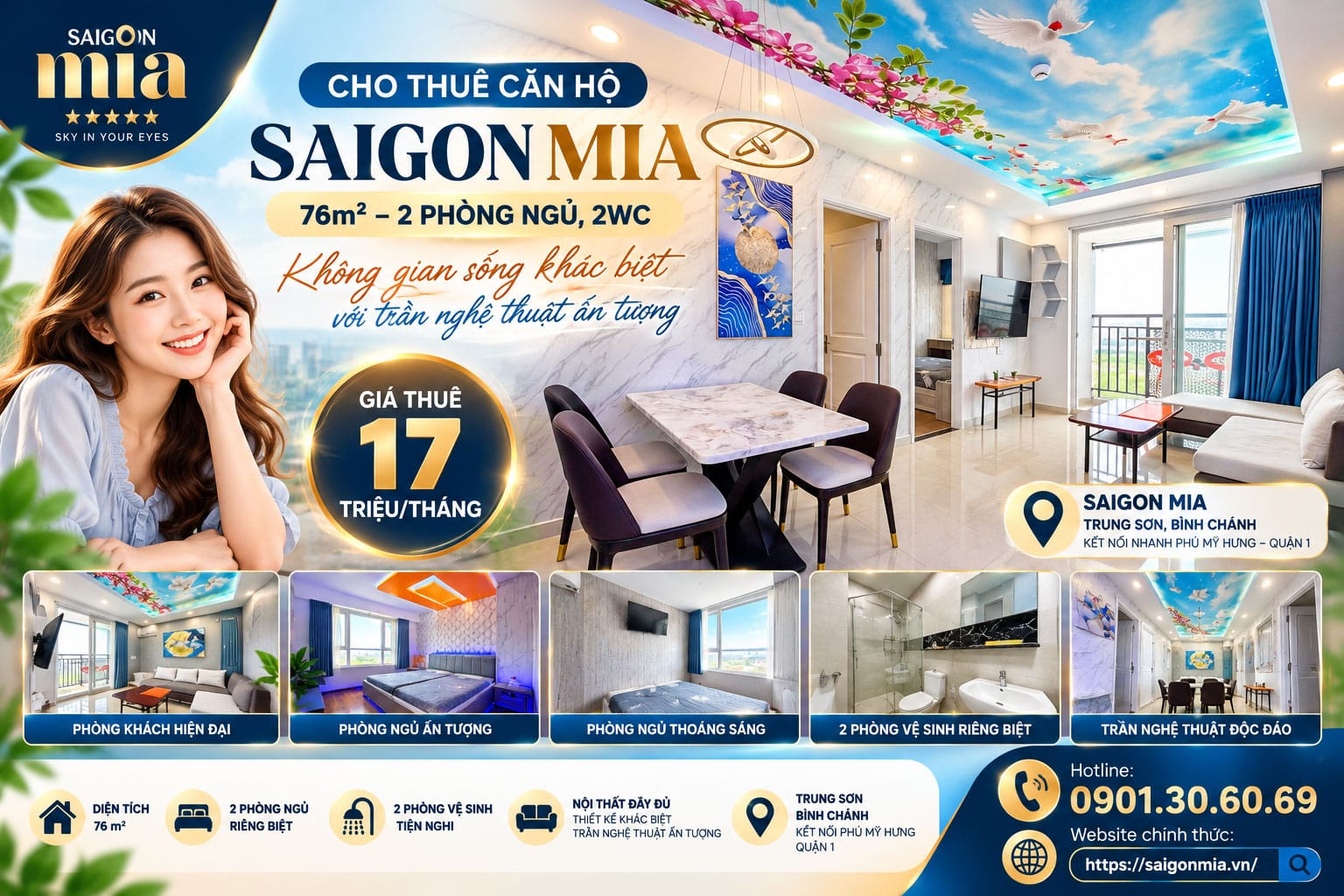 Cho Thuê Căn Hộ Saigon Mia 76m² – 2 Phòng Ngủ, 2WC, Giá 17 Triệu/Tháng